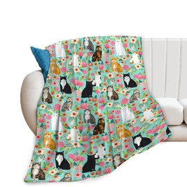 Dollffey Cat Blanket Gifts for Girls Women Cute Cats Flowers Flannel Fleece Throw Blanket Soft Plush Lightweight Warm Fuzzy Teal Blanket for Cat Lovers Decor Bed Couch Living Room for Kids 40"X50"