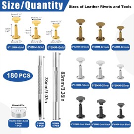 HaploS Set of 180 Leather Rivets Metal Rivets Double Cap in 3 Sizes, 4 Colours Handmade Hollow Rivets with Rivet Pliers Hole Pliers Hollow Rivets for Leather Rivets for DIY Leather Crafts Clothing Decoration