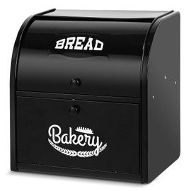 Hossejoy Metal Bread Box, Double Compartment Roll Top Countertop Bread Storage, Bread Bin Container Holder, Double Layer Breadbox Holds for your Kitchen Counter (Black)