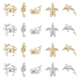 SUPERFINDINGS Pack of 20 10 Styles Rack Coating Alloy Charms Sea Animals Pendant Crab Seahorse Whale Sea Turtle Dolphin Charms Platinum Gold Alloy Pendant Hole 1.5 mm, Alloy Steel