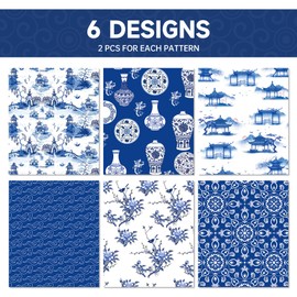 Chinoiserie Wrapping Paper 12 Sheets,6 Types Blue White Chinoiserie Wrapping Paper,China Elements Porcelain Oriental Art Printed Paper for Birthday Daily Wedding Gift Packing Supplies(20x27 Inch)