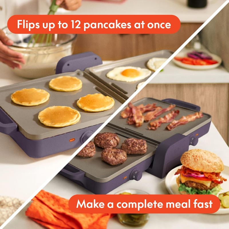 bella 10"x 20" Ceramic Fold-n-Store Dual Temp Griddle, Fits-anywhere Kitchenware,