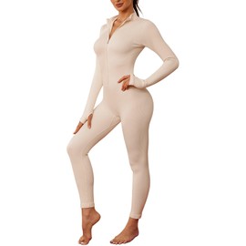 Nadeer Womens Ribbed Jumpsuit Long Sleeve Yoga Romper One Piece Bodycon Zip Up Unitard Romper Workout Sports Bodysuit All In One Jumpsuit Playsuit Outfits