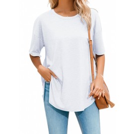 Halife Womens Long Tops for Leggings Summer Short Sleeve Crew Neck Loose Tee Shirts Strechy Plain White Tunic Tee 2XL