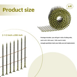 2-1/2 x 0.09-Inch Siding Nails Fits BOSTITCH Coil Siding Nailer,15-Degree,Round Head Ring Shank Galvanized,C8R90BDG SidingNails 1200pcs
