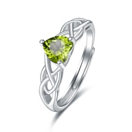 praymos Peridot Ring, Celtic Knot Heart Birthstone Rings 925 Sterling Silver Adjustable Engagement Ring 12 Month Birth Stone Jewelry Gifts for Women