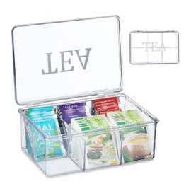 Relaxdays Plastic Tea Box, 6 Compartments, Tea Box with Lid, H x D: 9 x 21.5 x 15 cm, Tea Bag Storage, Transparent