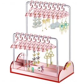 NiHome Acrylic Earring Holder with Unique Double-Tiered Design, Cute Miniature Clothing Hangers with Spacious Storage for 48 Pairs, Display for Home Vanity & Retail Showrooms (Rose Gold, With Tray)