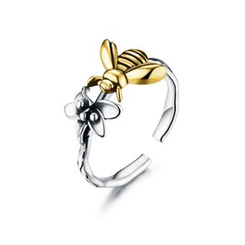Sterling Silver Adjustable Open Ring Cute Bee Flower Antique Engagement Rings Toe Band Gift for Women Girls