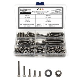 Set of 200 Hexagon Screws DIN 933 + Hex Nut DIN 934 and Washer DIN 125 Stainless Steel Size M6
