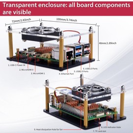 GeeekPi Acrylic Case with 4pin Cooling Fan and 4pcs Pure Copper Heatsinks for Raspberry Pi 5
