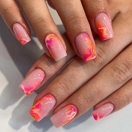 24Pcs Short Square Nude Gradient False Nails with Glue - Press On, Full Cover Acrylic & French Tip Stick Ons - Women's Nail Art Accessories