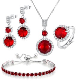 4pcs Set Circular large size Zirconia Pendant Necklace Earrings Ring Tennis Bracelet Set Silver Crystal Fashion Adjustable Jewelry for Women Teen Girls Wife Party Prom Wedding Gifts (red)