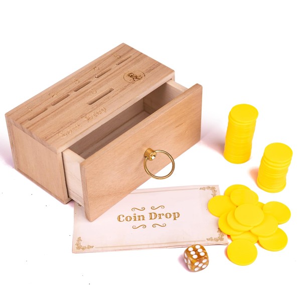 Wooden Coin Drop Game,Drawer Design,Penny Game with Dice and Plastic