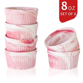 Yundu 8 Ounce Pink Marble Ceramic Ramekins - Perfect for Creme Brulee, Ramekins Oven Safe, Ramekins Bowls for Baking, Souffle Dish-Set of 6
