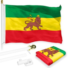 G128-6 Feet Spinning Flagpole (White) Ethiopia Lion 150D Flag Brass Grommets Printed 3x5 ft (Flag Included) Aluminum Flag Pole