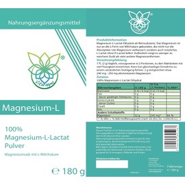 VITARAGNA Magnesium L-lactate powder, magnesium salt with L-lactic acid, 180 g fully converted magnesium as easily soluble magnesium lactate