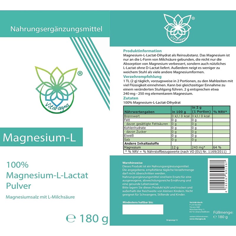 VITARAGNA Magnesium L-lactate powder, magnesium salt with L-lactic acid, 180