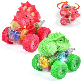 Dinosaur Toy Cars for Kids, 2 Pack Monster Trucks 360° Rotation Friction Powered Off-road Vehicles Inertia Toy Cars, Pull Back Cars with Light, Christmas Birthday Gifts for 3+ Years Old Boys Girls