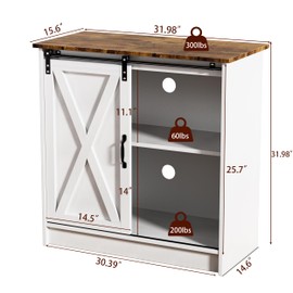 White Coffee Bar Cabinet Station with Storage Shelves & Sliding Barn Door, 31.98" Freestanding Kitchen Pantry Storage Cabinet, Wood Buffet Storage Cabinet, Small Coffee Cabinet for Home Foyer Hallway