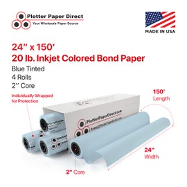 Plotter Paper Direct (20lb, Blue Colored | 4 Rolls, 2" Core | 24 In x 150 Ft) for CAD Printing on Wide Format Ink Jet Printers