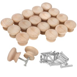 BELLE VOUS 20 Pack Round Unfinished Wood Knobs with Screws - 3.4 x 2.5cm / 1.34 x 0.98 Inches - Natural Wooden Birch Door Knob Hardware - Furniture Cabinet, Wardrobe, Cupboard & Drawer Pull Handles