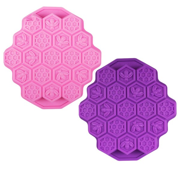2 piezas 19 cavidades Honeycomb Moldes De Pastel De Silicona FineGood Molde para hornear galletas de panecillos Jabón de caramelo Fabricación de moldes divididos: rosa y morado