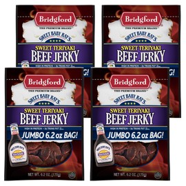 Bridgford Sweet Baby Ray’s Beef Jerky Sweet Teriyaki 6.2 oz Pack of 4 - High Protein Beef Jerky for Low Carb and High Protein Diets - Beef Jerky Teriyaki for On the Go Snacking and Busy Lifestyles