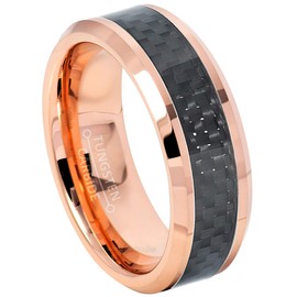 Jewelry Avalanche 8mm Beveled Edge Tungsten Wedding Band, Polished Rose Gold Plated Comfort Fit Tungsten Carbide Ring w/Black Carbon Fiber Inlay - s8.5