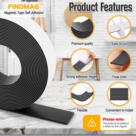 FINDMAG Magnetic Tape with Strong Self Adhesive Flexible Magnetic Strip Magnet Tape Roll Perfect for Craft and DIY Projects, whiteboards & Fridge Organization - 0.08" Thick x 1" Wide x 10 Feet