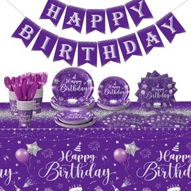 Vesici 171 Pcs Happy Birthday Party Supplies 24 Set Disposable Party Tableware include Plates Cups Napkins Cutlery and Banner Tablecloth Birthday Dinner Decorations for Men Woman(Purple, Silver)