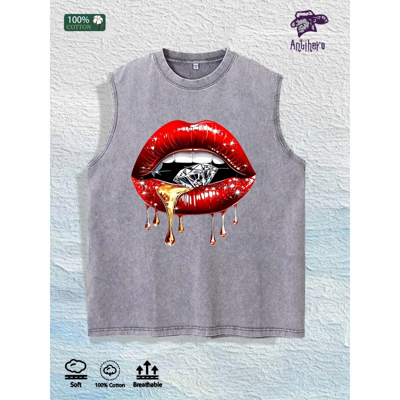 Glam Lips & Diamond Graphic Washed Vest US Warehouse 3