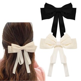 Satin Hair Bows for Women Girls Black White Silky Bows for Hair Ribbon with Long Tail Cute Bow Hair Clips Barrettes Hairpins Ponytail Holders Bowknot Hair Barrette 2 PC