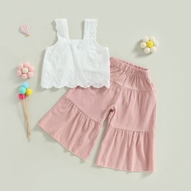 Honganda Trendy 2Pcs Little Kids Toddler Baby Girl Summer Outfit Sleeveless Lace Crop Top with Wide Leg Pants Clothes Set (Pink, 2-3 Years)