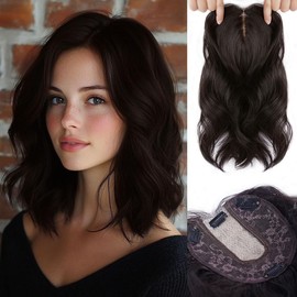 MORICA Hair Toppers For Women With Thinning Hair 14 Inch Dark Brown With Highlights Wavy Toppers Hair Pieces For Women 6 * 6 Inch Large Base Synthetic Hair Topper With Bangs Clip In Hair Toppers:_8H10C_14INCH