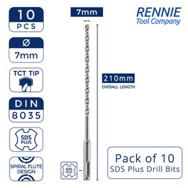 10 Pack Of - 7mm x 210mm Long SDS Plus Hammer Drill Bits, Professional Tungsten Carbide Tipped Masonry Drill Bit For Brick, Concrete, Stone, Granite. 7mm SDS Drill Bit