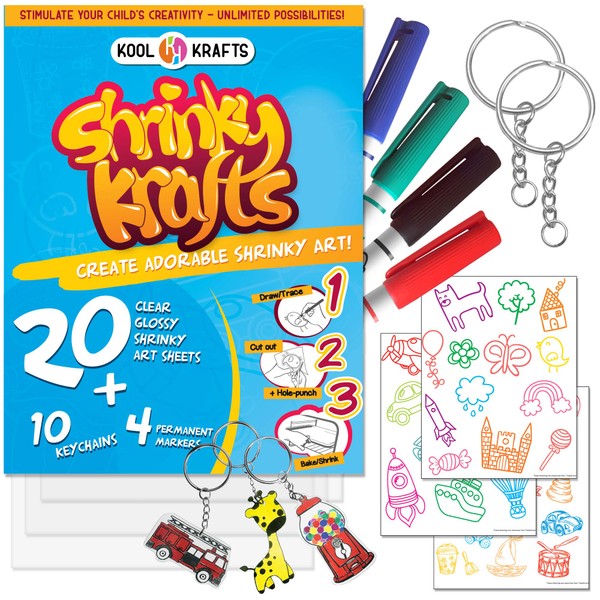 Shrinky Krafts Art Crafts Set - 20 Clear Shrinky Dinks Paper ( Large 8” x 10”), 10 Keychains, 36 traceable Images, and 4 Permanent Markers - Fun Creative Shrinky Charms for Kids - Easy at Home.