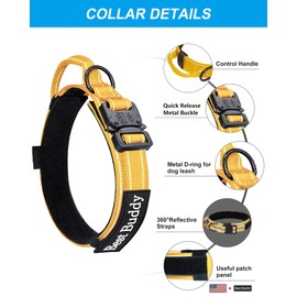 AUBELL Tactical Dog Collar and Leash Set, Adjustable Military Nylon Reflective Dog Leash and Collar with Handle and Heavy Metal Buckle for Medium Large Dogs, with Airtag Case and 2 Patches(Yellow, XL)