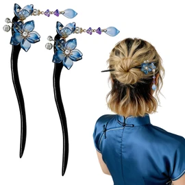 2 PCS Plum Blossom Tassel Hair Stick Blue Flower Hairpin Fashion Double Floral Hair Chopsticks Wooden Elegant Vintage Hair Pins Hair Bun Updo Holders Chinese Hanfu Hair Accessories for Women Girls