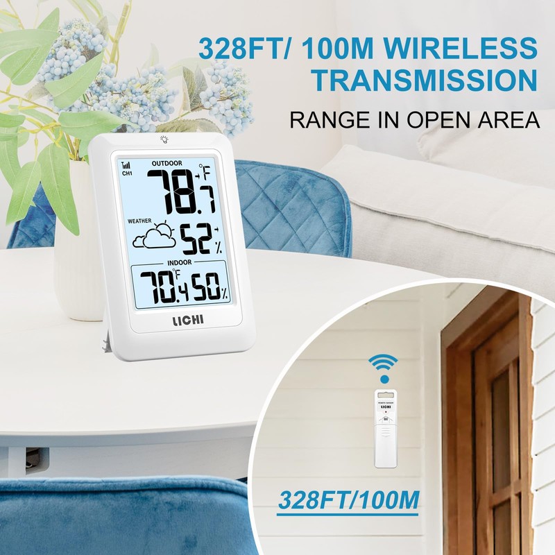 Indoor Outdoor Thermometer Wireless Weather Station, Internal External Thermometer Hygrometer,