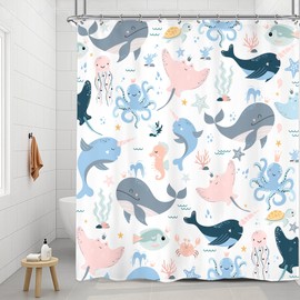 Riyidecor Ocean Whale Kids Shower Curtain 60Wx72H Inch Underwater Cartoon Animal Octopus Jellyfish Sea Life Cute Pink Blue Seaweed Turtle Bathroom Decor Fabric Polyester Waterproof 12 Pack Hooks
