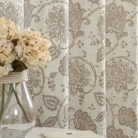 TOPICK Net Curtain, Linen Curtain, Floral Printed Bistro Curtain, Semi-Transparent Curtain, Window Curtain for Kitchen, Living Room, Country House, Set of 2, 65 W x 60 H (cm) Brown on Beige