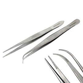 Set of 2 Micro Precision Surgical Forceps with Serrated Tips Stainless Steel Lab Tweezers - Strong Point Straight & Curved Tips- 5.5 Inch - Essential Labware Supplies & Lab Starter Kit Tweezers