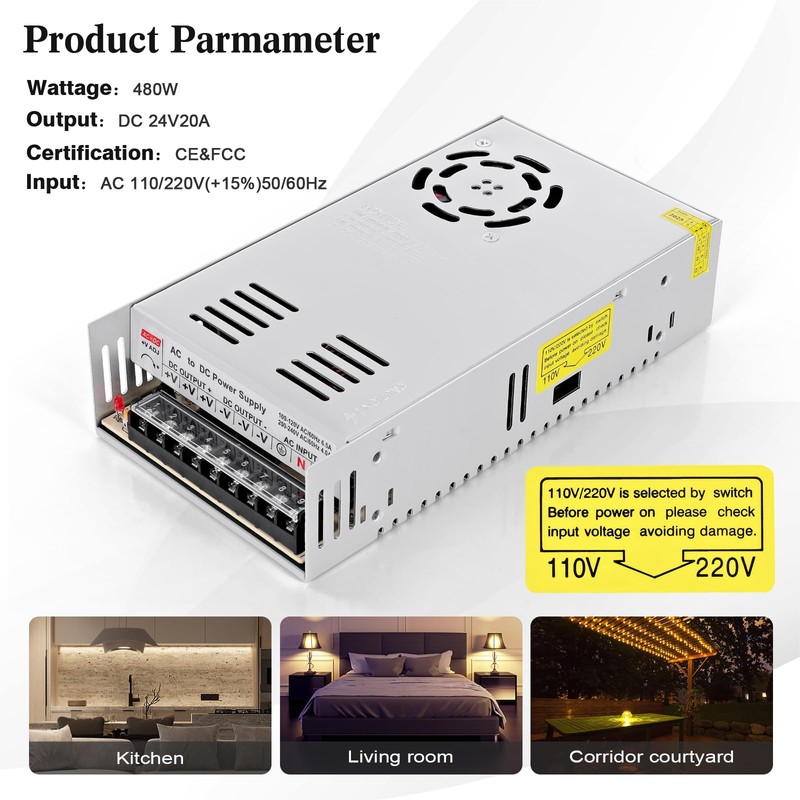 Taormey 24V 20A Power Supply Adapter, AC 110V/220V to DC