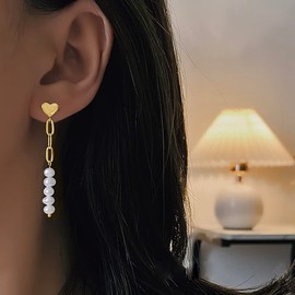 SLUYNZ Sterling Silver Thick Chain Pearls Dangle Earrings for Women Teens Pearls Dangle Earrings Heart Studs (B-Gold)