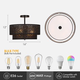 HILUXIA Modern Black Linen Drum Semi Flush Mount Ceiling Light with Pierced Design, Perfect Lighting Fixture for Bedroom, Dining Room, Kitchen, Living Room, or Hallway Chandelier Lamp