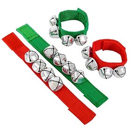 The Dreidel Company Christmas Jingle Bell Band Bracelet, Green & Red Bands with Hanging Jingle Ball Bells (2-Pack)