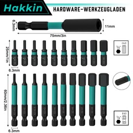 Hakkin Hex Screwdriver Bits Set Long 25 + 60 mm Hexagon Impact Wrench Assortment 1/4 Inch S2 Bit Set for Cordless Screwdriver with Magnetic Bit Holder H1.5/2/2.5/3/3.5/4/5/6/8/10 Pack of 20