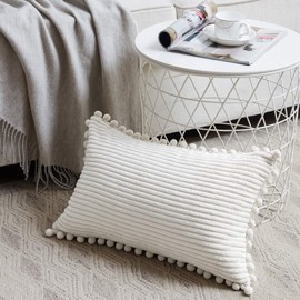 Fancy Homi 2 packs Cream White Boho Decorative Throw Pillow Covers with Pom-poms, Soft Corduroy Solid Square Cushion Cases Set for Living Room Couch Sofa Bedroom Car (12x20 Inch/30x50 cm, Cream White)