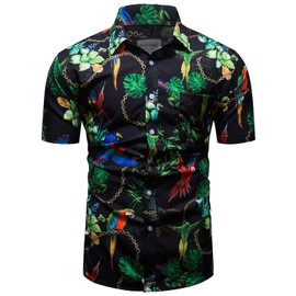 fohemr Outfit Men's Baroque 2-Piece Golden Chain Pattern Shirt Shorts with Bucket Hat Leisure Suit Summer Holiday Beach Set